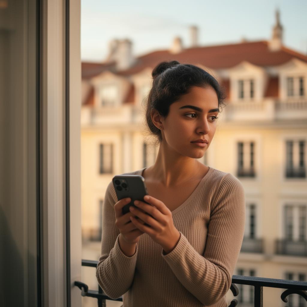 Mulher consultando o ImigraSafe no celular em uma janela europeia
